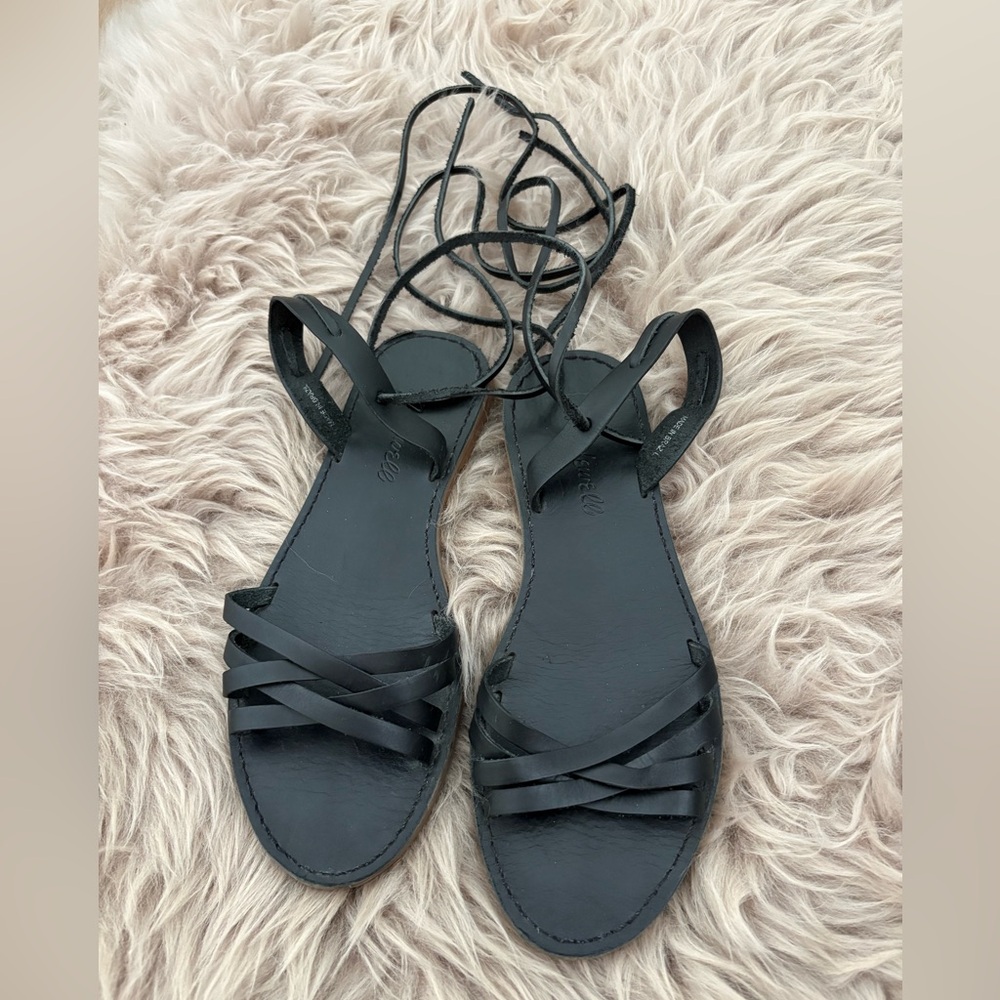 Madewell Flat Black Leather Sandals with Ankle Ties